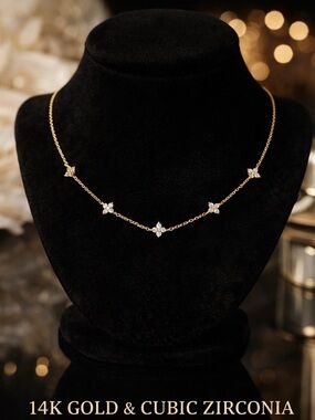 14K Gold Cubic Zirconia Floral Station Necklace - Gold